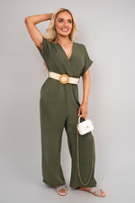 Load image into Gallery viewer, V Neck Short Sleeve Wide Leg Jumpsuit with Woven Belt
