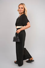 Load image into Gallery viewer, V Neck Short Sleeve Wide Leg Jumpsuit with Woven Belt

