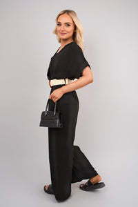V Neck Short Sleeve Wide Leg Jumpsuit with Woven Belt