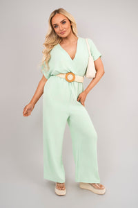 V Neck Short Sleeve Wide Leg Jumpsuit with Woven Belt