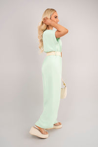 V Neck Short Sleeve Wide Leg Jumpsuit with Woven Belt