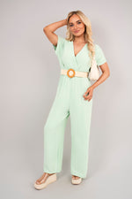 Load image into Gallery viewer, V Neck Short Sleeve Wide Leg Jumpsuit with Woven Belt
