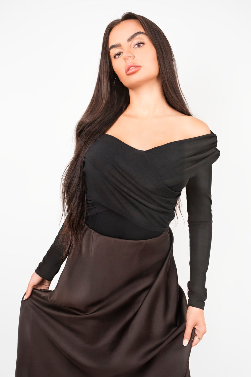 Off Shoulder Long Sleeve Draped Top with Wrap Front Detail