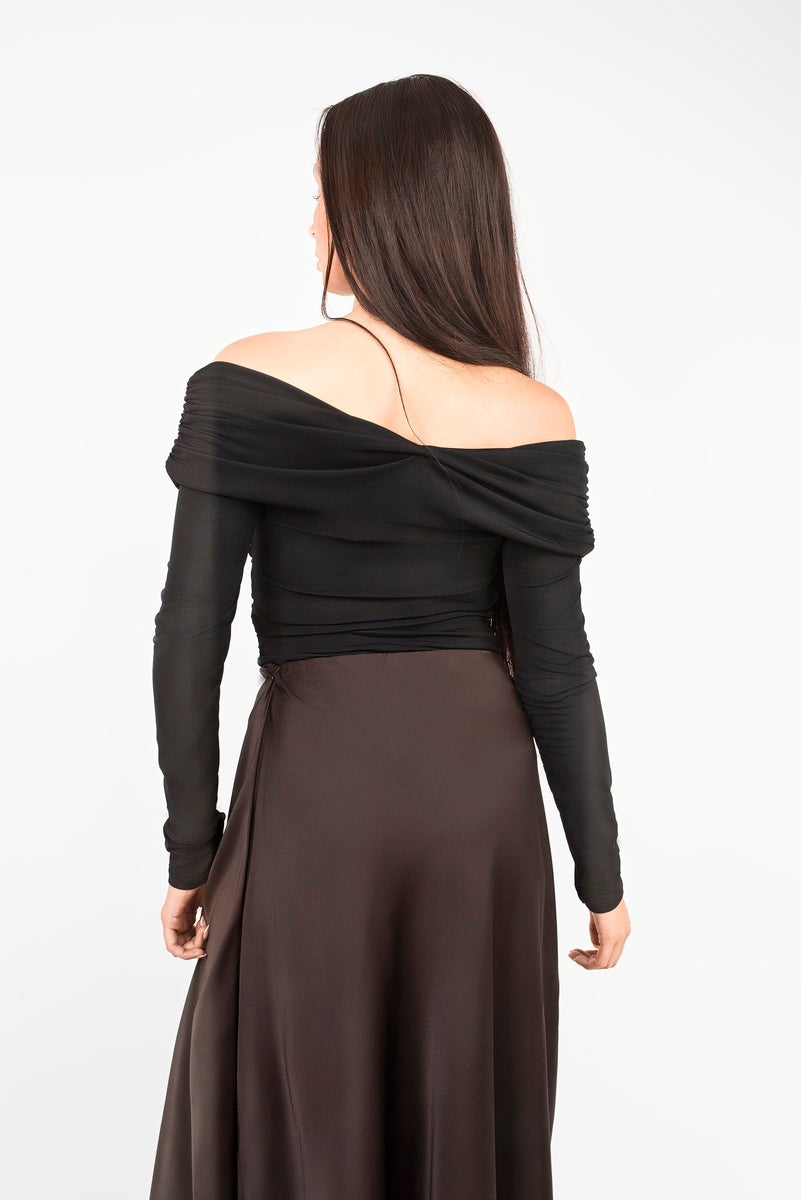 Off Shoulder Long Sleeve Draped Top with Wrap Front Detail