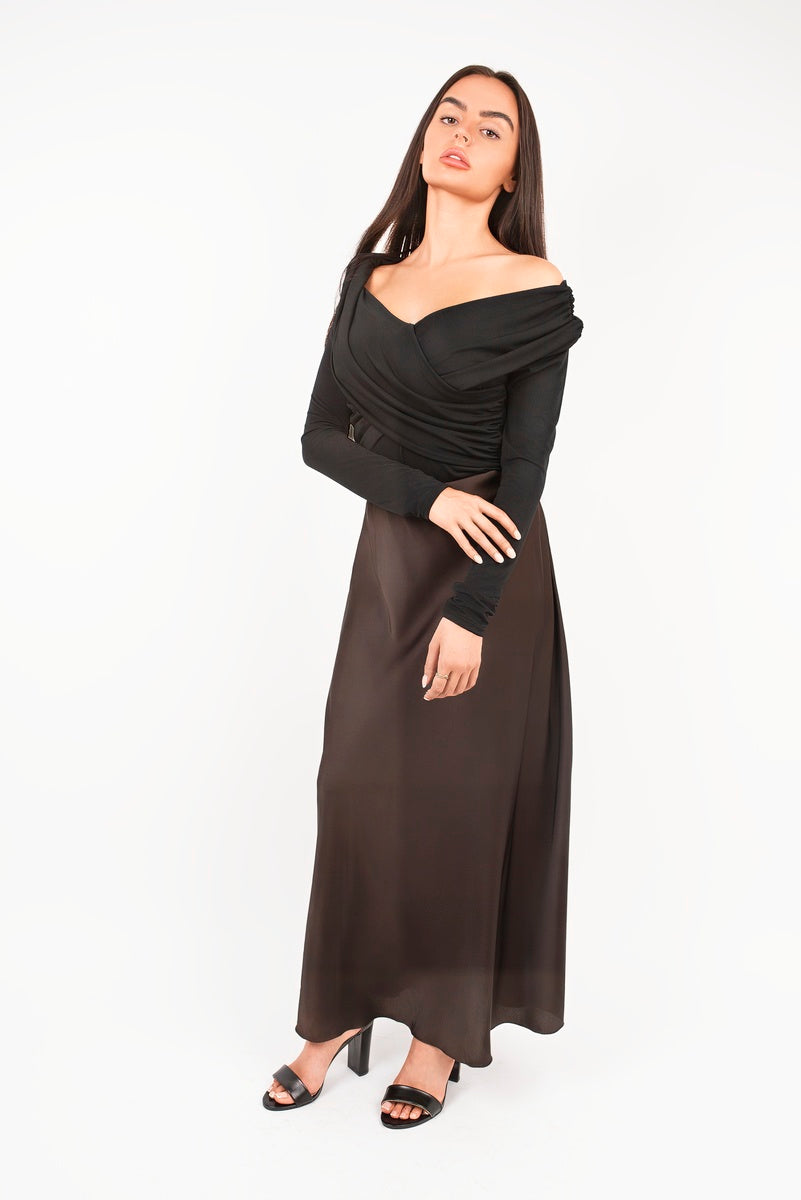Off Shoulder Long Sleeve Draped Top with Wrap Front Detail