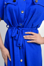 Load image into Gallery viewer, Collared Button Down Short Sleeve Tie Waist Midi Dress
