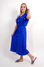 Load image into Gallery viewer, Collared Button Down Short Sleeve Tie Waist Midi Dress
