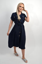 Load image into Gallery viewer, Collared Button Down Short Sleeve Tie Waist Midi Dress
