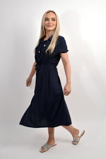 Load image into Gallery viewer, Collared Button Down Short Sleeve Tie Waist Midi Dress
