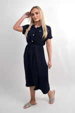 Load image into Gallery viewer, Collared Button Down Short Sleeve Tie Waist Midi Dress
