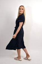 Load image into Gallery viewer, Collared Button Down Short Sleeve Tie Waist Midi Dress
