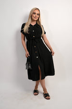 Load image into Gallery viewer, Collared Button Down Short Sleeve Tie Waist Midi Dress
