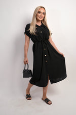 Load image into Gallery viewer, Collared Button Down Short Sleeve Tie Waist Midi Dress
