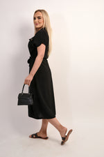 Load image into Gallery viewer, Collared Button Down Short Sleeve Tie Waist Midi Dress
