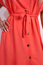 Load image into Gallery viewer, Collared Button Down Short Sleeve Tie Waist Midi Dress
