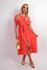 Load image into Gallery viewer, Collared Button Down Short Sleeve Tie Waist Midi Dress
