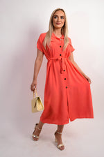 Load image into Gallery viewer, Collared Button Down Short Sleeve Tie Waist Midi Dress
