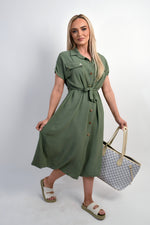 Load image into Gallery viewer, Collared Button Down Short Sleeve Tie Waist Midi Dress
