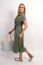 Load image into Gallery viewer, Collared Button Down Short Sleeve Tie Waist Midi Dress

