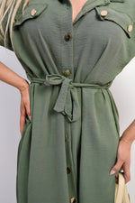 Load image into Gallery viewer, Collared Button Down Short Sleeve Tie Waist Midi Dress
