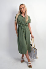 Load image into Gallery viewer, Collared Button Down Short Sleeve Tie Waist Midi Dress
