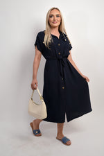 Load image into Gallery viewer, Collared Button Down Short Sleeve Tie Waist Midi Dress
