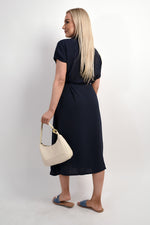 Load image into Gallery viewer, Collared Button Down Short Sleeve Tie Waist Midi Dress
