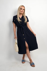 Collared Button Down Short Sleeve Tie Waist Midi Dress