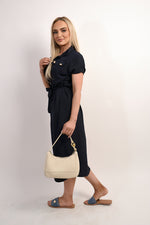 Load image into Gallery viewer, Collared Button Down Short Sleeve Tie Waist Midi Dress

