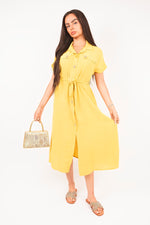 Load image into Gallery viewer, Collared Button Down Short Sleeve Tie Waist Midi Dress
