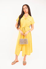 Load image into Gallery viewer, Collared Button Down Short Sleeve Tie Waist Midi Dress
