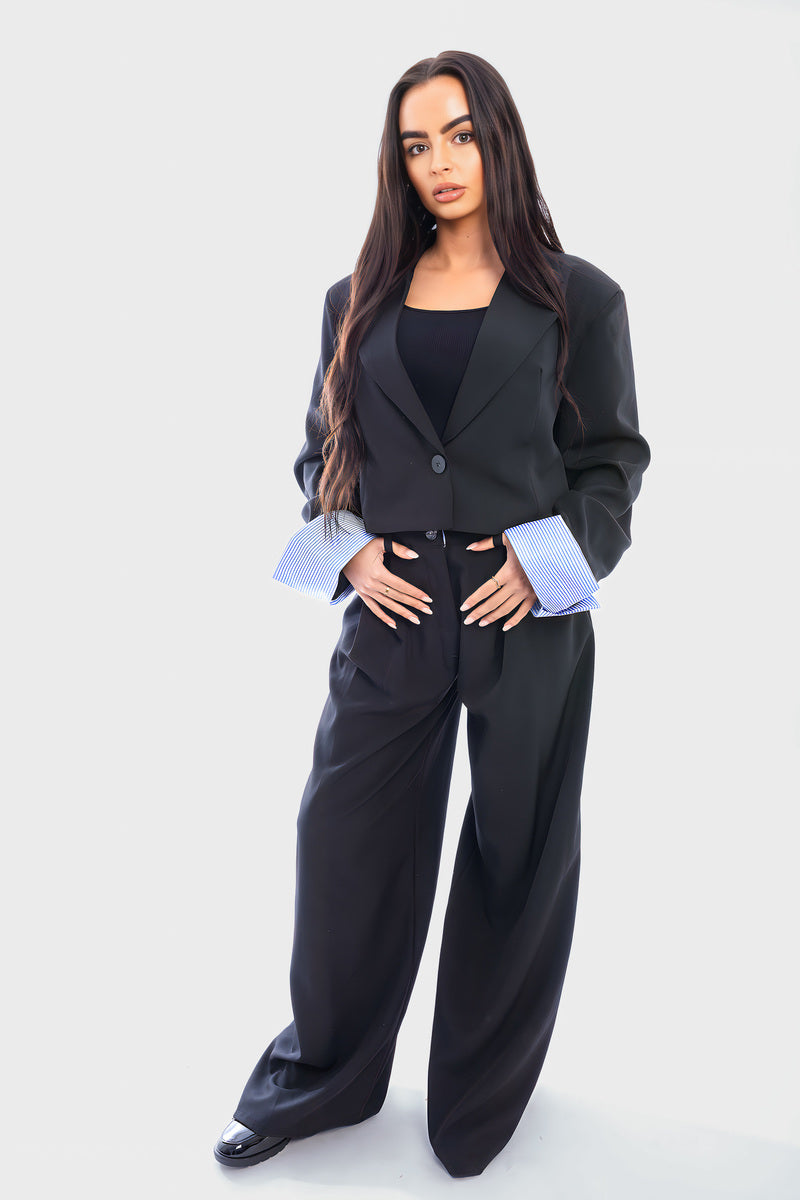Long Sleeve Cropped Blazer Top And Straight Leg Trouser Co-ord Set