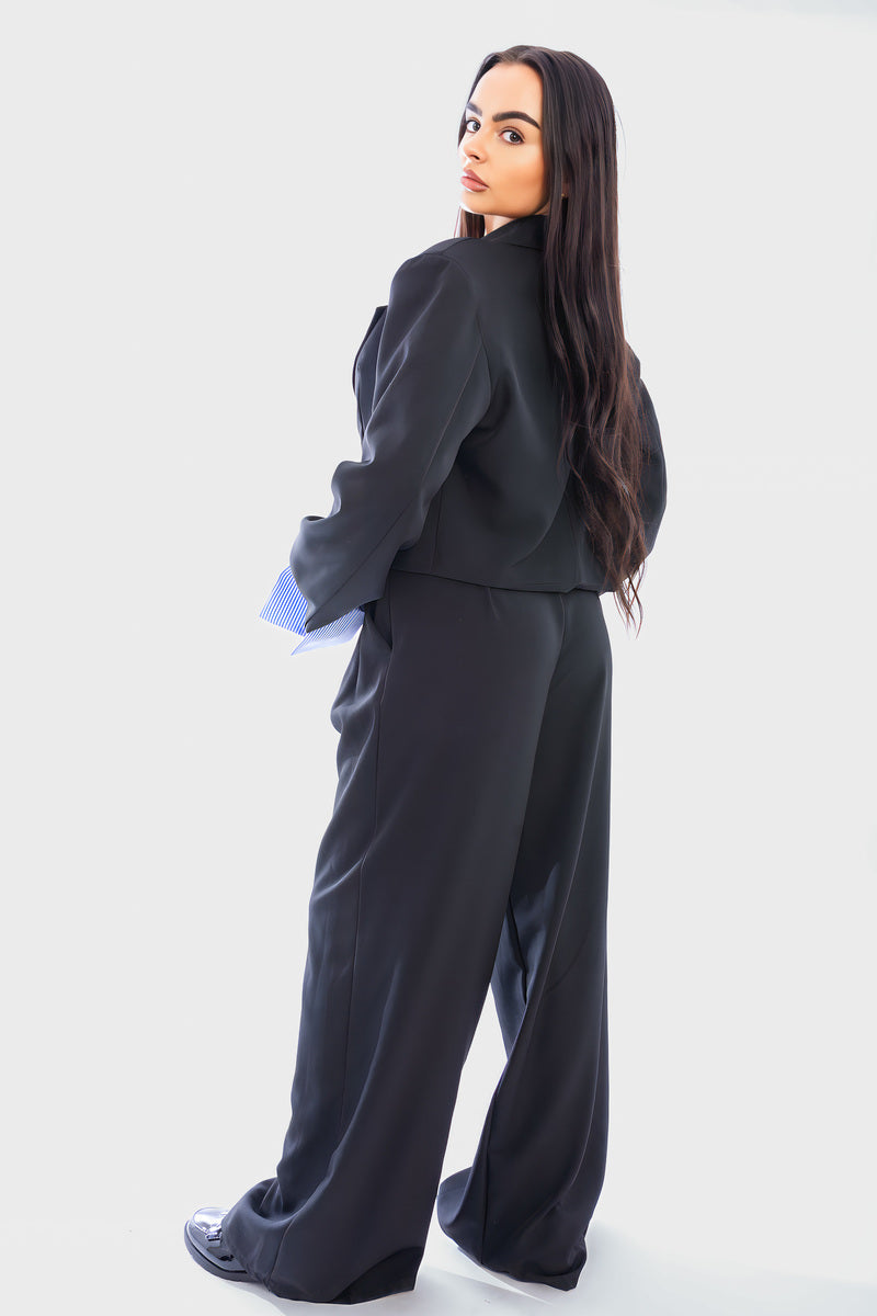 Long Sleeve Cropped Blazer Top And Straight Leg Trouser Co-ord Set
