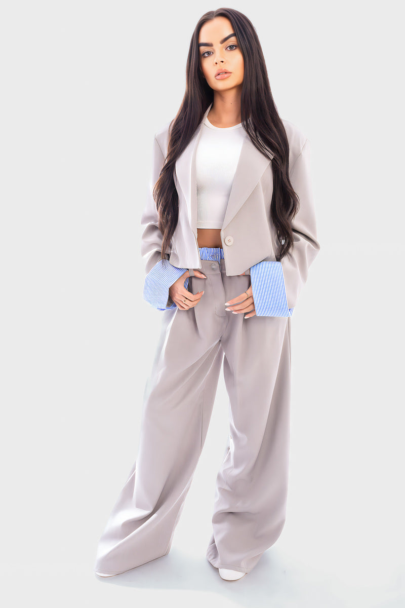 Long Sleeve Cropped Blazer Top And Straight Leg Trouser Co-ord Set