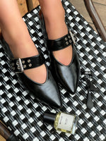Load image into Gallery viewer, Low Heel Buckle Eyelet Strap Pointed Flat Shoes
