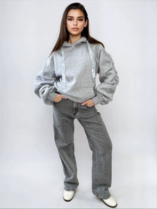 Ruched Sleeve Oversized Hoodie with Front Pouch Pocket