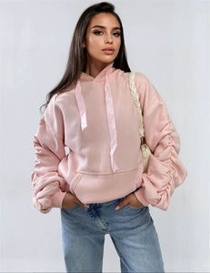 Ruched Sleeve Oversized Hoodie with Front Pouch Pocket