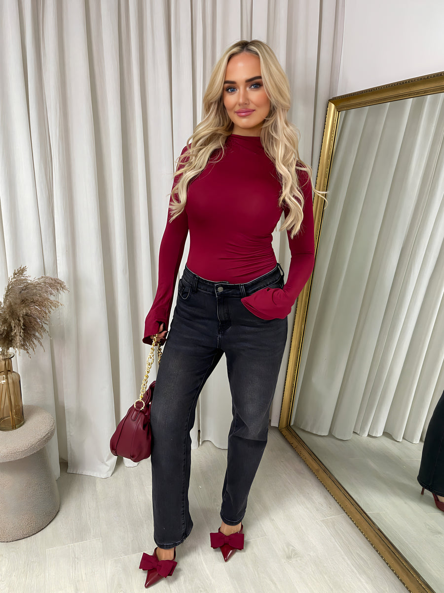 Ruched High Neck Flare Long Sleeve Top