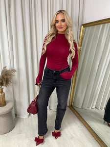 Ruched High Neck Flare Long Sleeve Top