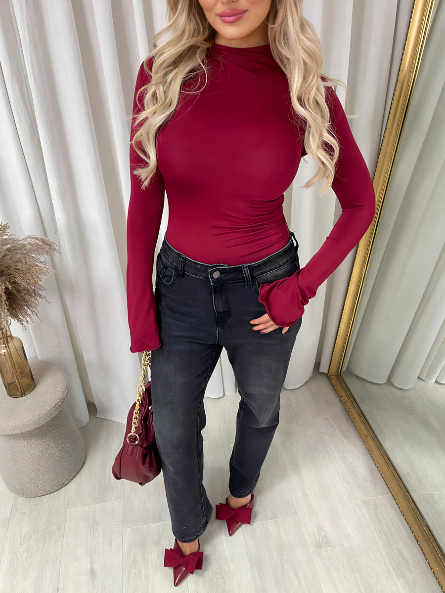 Ruched High Neck Flare Long Sleeve Top