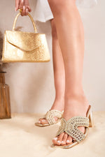 Load image into Gallery viewer, Woven Metallic Slip-On Block Heels
