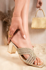 Load image into Gallery viewer, Woven Metallic Slip-On Block Heels
