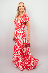 Printed Short Sleeve Button Down V-Neck Maxi Dress