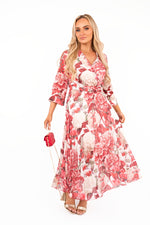Load image into Gallery viewer, Long Sleeve Floral Pleated Maxi Dress with Wrap Neckline
