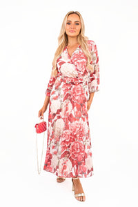 Long Sleeve Floral Pleated Maxi Dress with Wrap Neckline