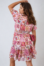 Load image into Gallery viewer, Floral V-Neck Tie Waist Mini Dress
