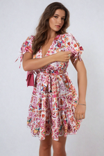 Load image into Gallery viewer, Floral V-Neck Tie Waist Mini Dress
