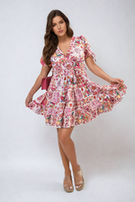 Load image into Gallery viewer, Floral V-Neck Tie Waist Mini Dress
