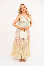 Load image into Gallery viewer, Sleeveless V-Neck Maxi Dress with Metallic Print Detail
