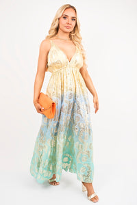 Sleeveless V-Neck Maxi Dress with Metallic Print Detail